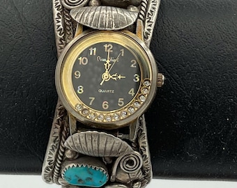 Native American Kokopelli Watch - Sterling Silver and Turquoise Inlaid Navajo Vintage Sterling Silver Kokopelli Turquoise Womens  main image 3