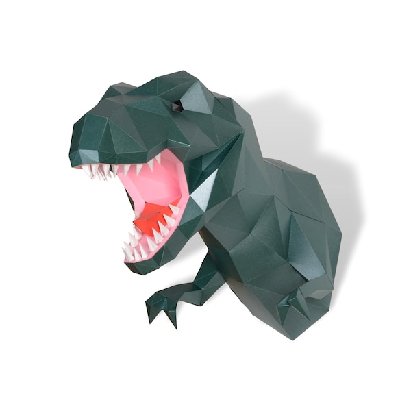 T-rex Trophäe Skulptur, Fertig geschnittenes DIY Papercraft Kit, Mehrfarbige Option, 3D Wandkunst, Low Poly Papier, Tiere Kopf, Wanddekoration, DIY Geschenk