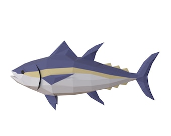 マグロの紙彫刻、カット済みDIYペーパークラフトキット、手作りの海の動物、ローポリホームデコレーション、すべてのアクセサリー付き
