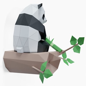 Panda Sitting on Tree Paper Sculpture,Pre-cut DIY Papercraft Kit,Handmade Wild Animal Figurine,Low Poly Wall Decor,All Accessories Included