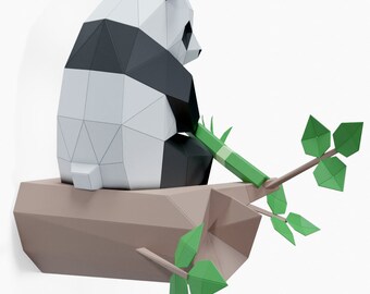 Kit de escultura de papel de panda en un árbol, figura de bajo poligonaje para armar
