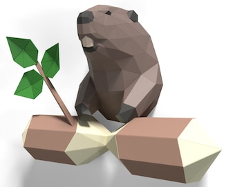 ビーバーの壁飾りペーパー彫刻、カット済みDIYペーパークラフトキット、手作り野生動物の置物、ローポリホームデコレーション、すべてのアクセサリー付き