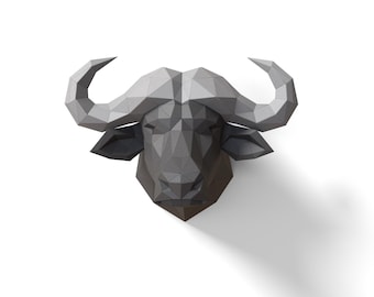 アフリカ水牛の紙彫刻、カット済みDIYペーパークラフトキット、手作り動物、ローポリホームデコレーション、すべてのアクセサリー付き