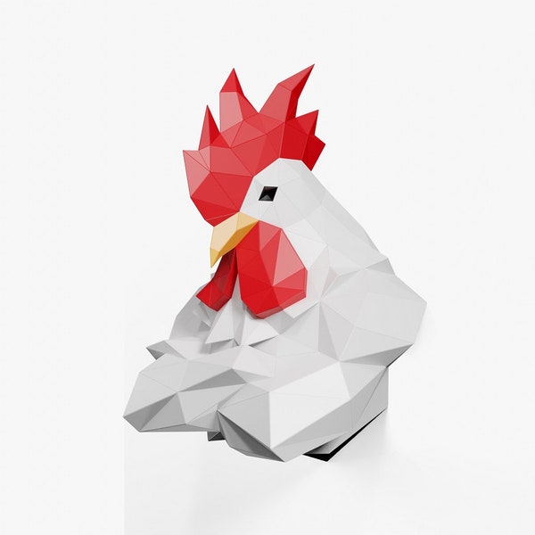 Hahn Büste Papier Skulptur,vorgestanzte DIY Papercraft Kit,handgemachte Tierfigur,Low Poly Wanddekor,alles Zubehör enthalten