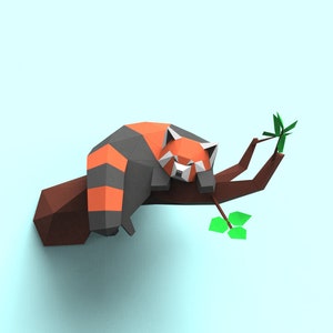 Scultura di carta di panda rosso che dorme su un albero, kit di carta fai da te pretagliato, opzione multicolore, arte 3D, carta low poly, regalo fai da te