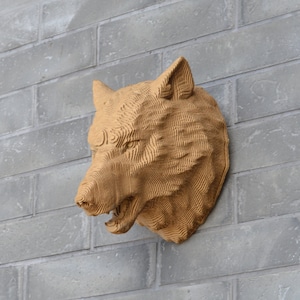 Trophée tête de loup - sculpture en carton à faire soi-même, créations artisanales en papier, art mural 3D, décoration d'intérieur, carton ondulé, décoration murale animal, cadeau bricolage
