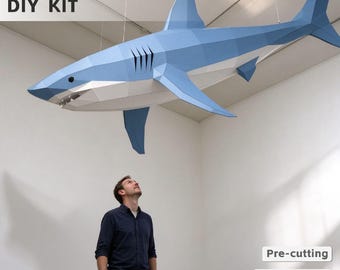 Giant 2m Ceiling Hanging Shark Papercraft Pre-Cut Kit, Low Poly Shark Sculpture, , DIY Ocean Art Decor