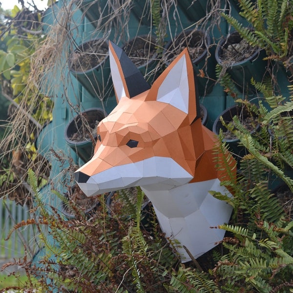 Sculpture fox head, pré-coupe diy Papercraft Kit, Option multicolore, Art mural 3D, Papier Poly Bas , Tête d’animaux, Décor de mur, cadeau de bricolage