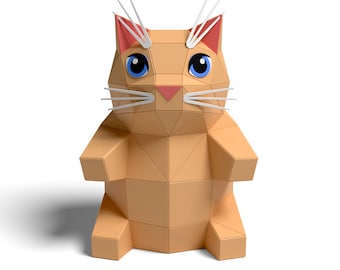 Sculpture en papier de gros chat assis, kit de créations manuelles prédécoupées, chat mignon fait main, décoration d'intérieur low poly, tous les accessoires inclus