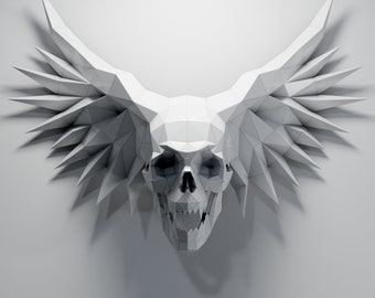 翼のある頭蓋骨の紙彫刻、カット済みDIYペーパークラフトキット、手作りの素晴らしいモデル、ローポリホームデコレーション、すべてのアクセサリーが含まれています