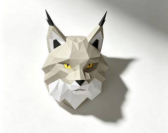 Kit de escultura de papel de cabeza de lince, decoración de pared de animales de baja poli multicolor