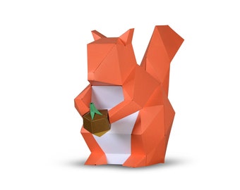DIY Papercraft Squirrel Sculpture Kit, 3D Low Poly Animal Wall Art