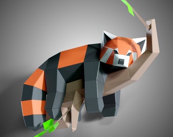 木の上でのんびりするレッサーパンダの紙彫刻、プレカットDIYペーパークラフトキット、マルチカラーオプション、3Dアート、ローポリペーパー、DIYギフト