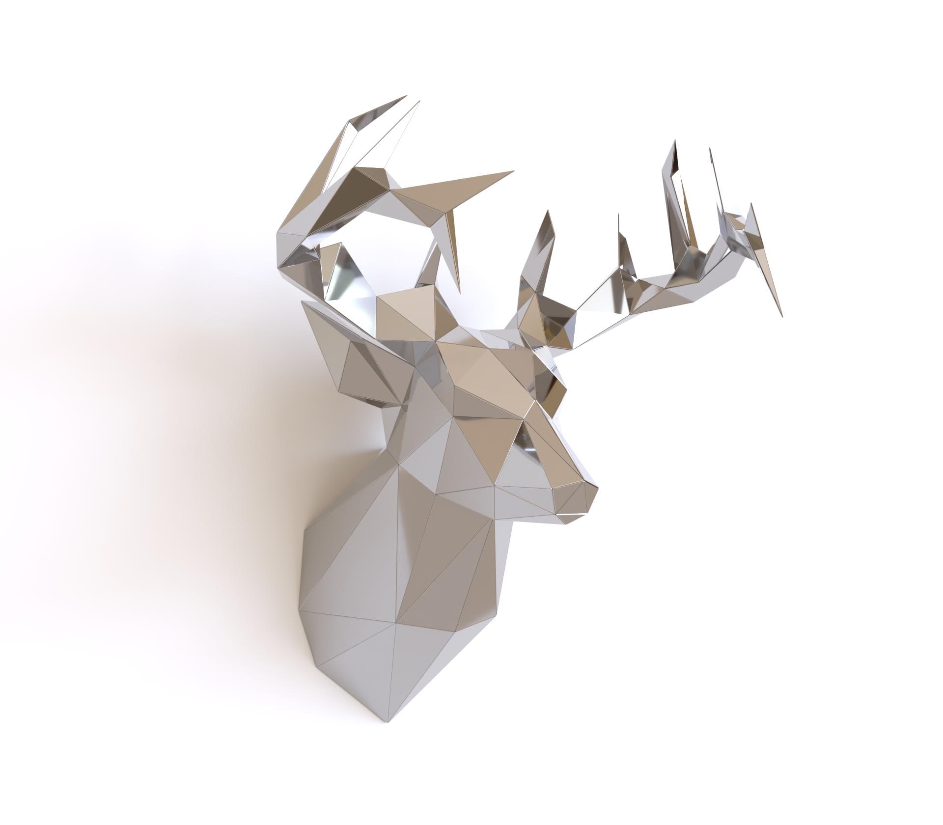 メタリックな鹿の頭のペーパークラフトキット – ローポリ3D壁飾り
