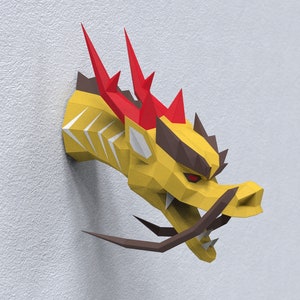 Papieren sculptuur Chinese drakenkop, voorgesneden doe-het-zelf papercraft-kit, handgemaakt mythisch beeldje, 3D-papierkunst, meerkleurig op maat, laag poly-muurdecor
