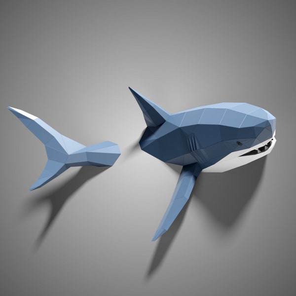 Shark on Wall  Paper Sculpture,Pre-cut DIY Papercraft Kit,Handmade Sea Animal ,3D Paper Art,Multi-Color Custom,Low Poly Wall Decor
