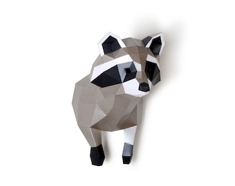 Raccoon Sculpture, Pre-cutting DIY Papercraft  Kit, Multi-color Option，3D Wall art, Low Poly  Paper , Animals Head, Wall Decor, DIY Gift