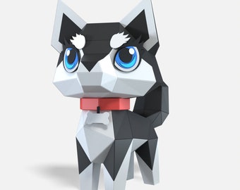 Jolie sculpture en papier Husky sur pied, kit de créations artisanales en papier prédécoupé, Animaux mignons faits à la main, Décoration d'intérieur low poly, Tous les accessoires inclus