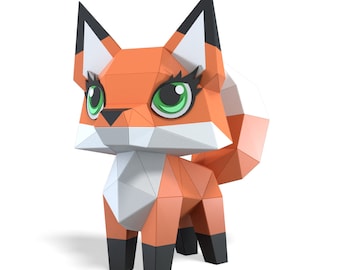 Jolie sculpture en papier de renard, kit de créations manuelles prédécoupées, animaux mignons faits à la main, décoration d'intérieur low poly, tous les accessoires inclus