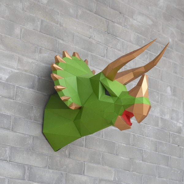 Triceratops Sculpture, Pre-cutting DIY Papercraft  Kit, Multi-color Option，3D Wall art, Low Poly  Paper , Animals Head, Wall Decor, DIY Gift