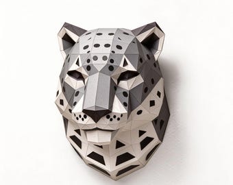 DIY Snow leopard Paper Sculpture Kit, Low Poly Wall Decor