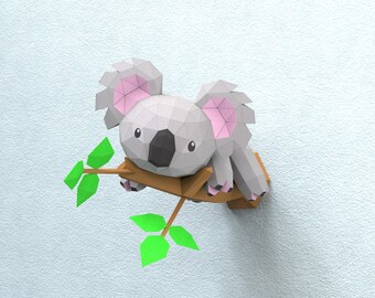 Koala on Branch Paper Sculpture,Pre-cut DIY Papercraft Kit,Handmade Wild Animal Figurine,,Low Poly Wall Decor,All Accessories Included