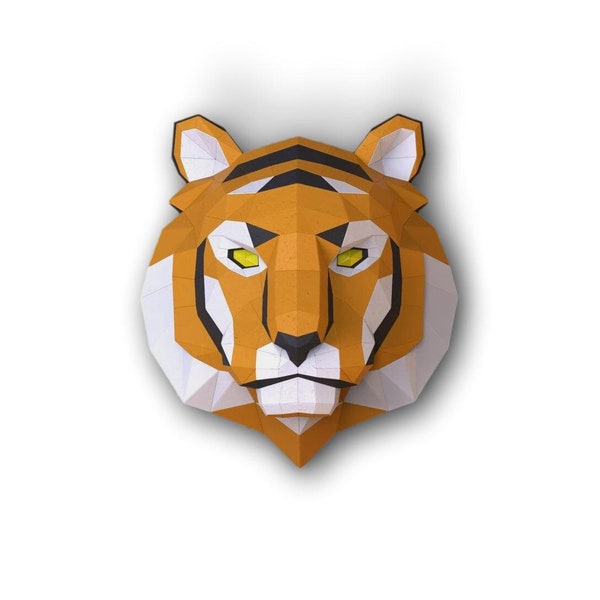 Sculpture en papier Tiger Head, Kit de papercraft de bricolage pré-découpé, tête d’animal sauvage faite à la main, art en papier 3D, personnalisé multicolore, décor mural en poly bas