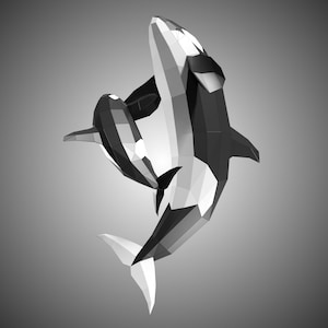 Sculpture en papier de style 2 famille orca, kit de créations artisanales en papier prédécoupé pour travaux manuels, figurine d'animal marin fait main, personnalisé multicolore, décoration d'intérieur low poly