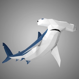 Escultura de papel de tiburón martillo, kit de manualidades de papel precortado, animal marino hecho a mano, color azul predeterminado, decoración del hogar de baja poli, todos los accesorios incluidos