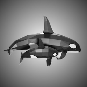 Sculpture en papier style 1 famille orca, kit de créations artisanales en papier prédécoupé pour travaux manuels, figurine d'animal marin fait main, personnalisé multicolore, décoration d'intérieur low poly