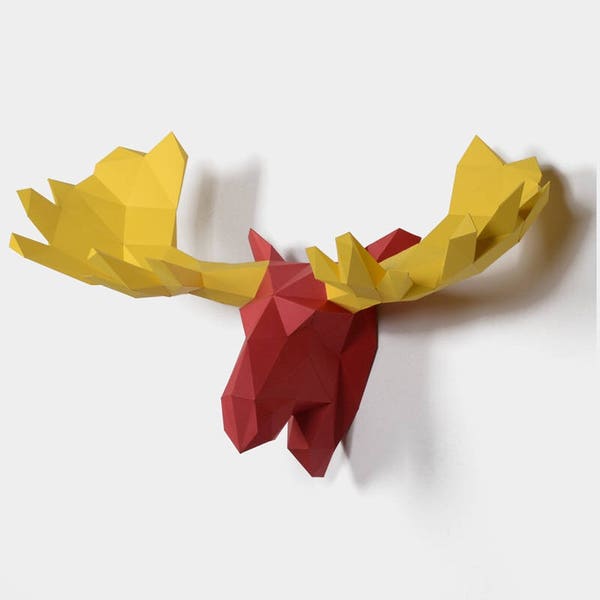 Sculpture d’orignal, kit de papier de diy de pré-découpage, option multi-couleur, art de mur 3D, papier poly bas, tête d’animal, décor de mur, idées de cadeau de DIY