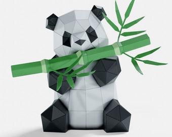 パンダの食べる竹のプレカットDIYペーパークラフトキット、低ポリ紙彫刻、両面テープ付き