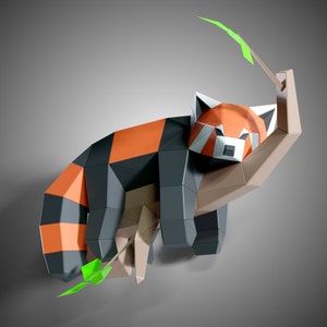 Scultura di carta a forma di panda rosso pigro su un albero, kit fai da te di carta pretagliata, opzione multicolore, arte 3D, carta low poly, regalo fai da te