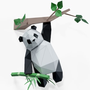 Panda Hanging on Tree Paper Sculpture,Pre-cut DIY Papercraft Kit,Handmade Wild Animal Figurine,Low Poly Wall Decor,All Accessories Included