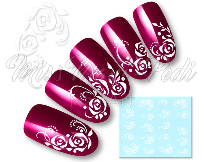 Nail Art, Water Slide Nail Decals, Nail Stickers White Roses Flowers