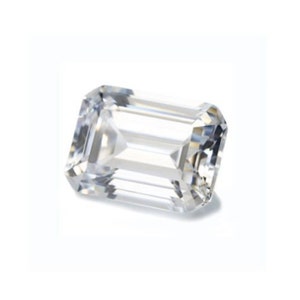 May include: A clear emerald cut gemstone with a rectangular shape.