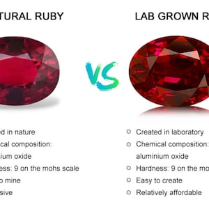 May include: A side-by-side comparison of natural and lab-grown rubies. Both rubies are oval-shaped and have a deep red color. The text describes the origin, chemical composition, hardness, and cost of each type of ruby.