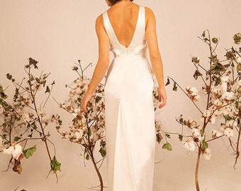 Pencil wedding dress, straight bridal dress, high neck open back wedding dress , minimal wedding dress, Simple silk wedding dress, ARETHOUSA