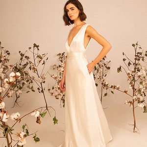A line wedding dresses, minimal wedding dress, wedding dress with belt, A line V neck wedding dress, elegant wedding dress, silk, PENELOPE