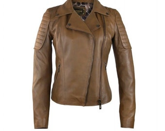 Zerimar Biker-style leather jacket with padded shoulders for women