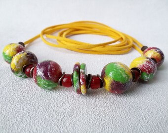 woman bead necklace abstract сolorful summer jewelry clay bead red yellow birthday multicolor gift for girlfriend statement green burgundy