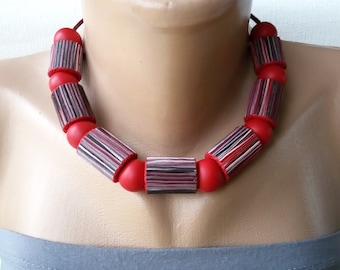 Maroon beads jewelry tubes statement women gift necklace bold multicolor large necklace polymer clay dark red chunky beaded everyday