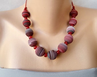 Maroon Fashion jewelry for Women beaded necklace statement universal red jewelry polymer Burgundy gray necklace abstract anniversary jewelry