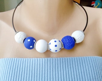 large beaded necklace navy blue polka dot jewelry white blue unique romantic statement necklaces gift for women polymer clay