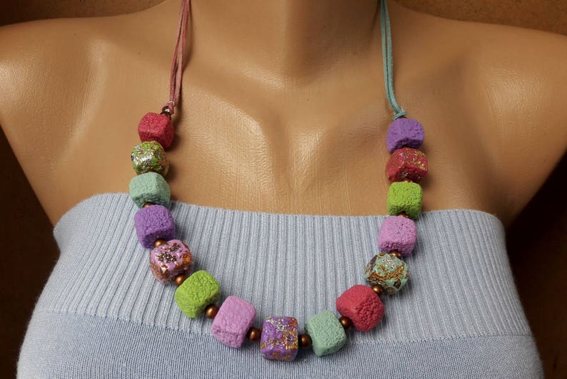 Colorful necklace women Summer gift idea girl jewelry Pastel cubes beads necklace Sweet Marshmallow necklace birthday gift Clay jewelry image 3