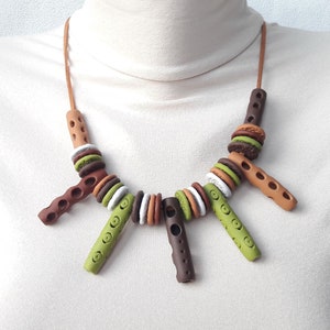 Organic style women jewelry hollow tube beads necklace inspired by nature chunky bead boho necklace green brown statement jewelry