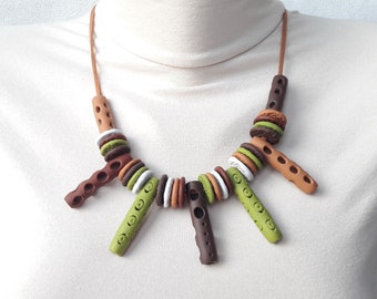 Organic style women jewelry hollow tube beads necklace inspired by nature chunky bead boho necklace green brown statement jewelry