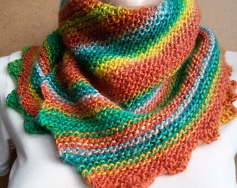 Hand knit shawl Green brown Triangular shawl knitted woman children scarf christmas gift teen Neck warm shawl stylish accessory Hand knit