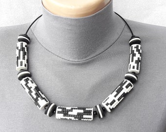 Black white chunky mosaic jewelry necklaces for women modern polymer clay bead necklace gift for her