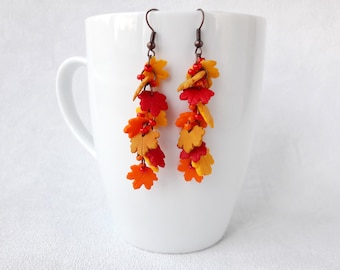 autumn leaves jewelry fall leaf earrings dangle orange maple canada red long earrings small fall leaf jewelry holiday Gift cute polymer clay